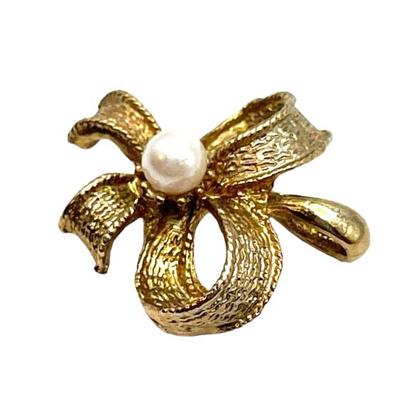 Vintage Gold tone bow with Pearl pendant - Picture 2 of 8
